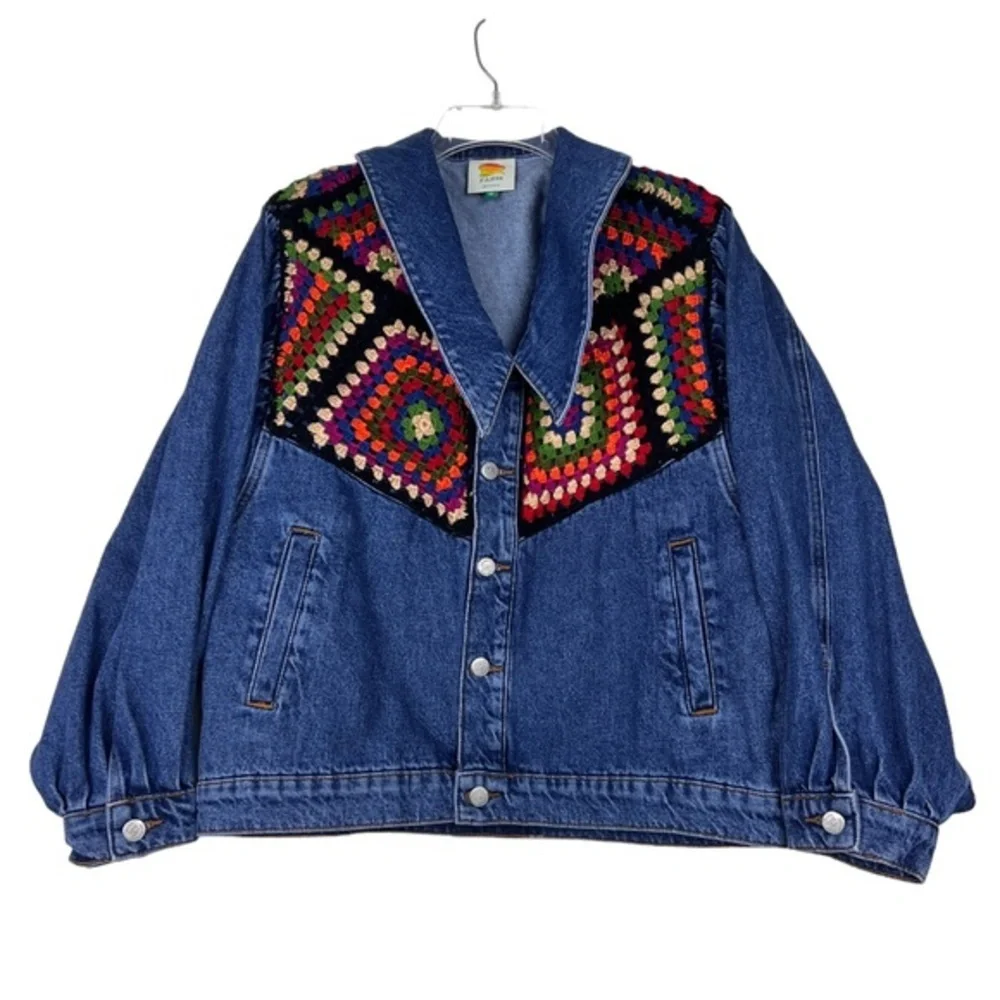 Farm Rio Crochet Embroidered Denim Jean Jacket - Picture 3 of 10